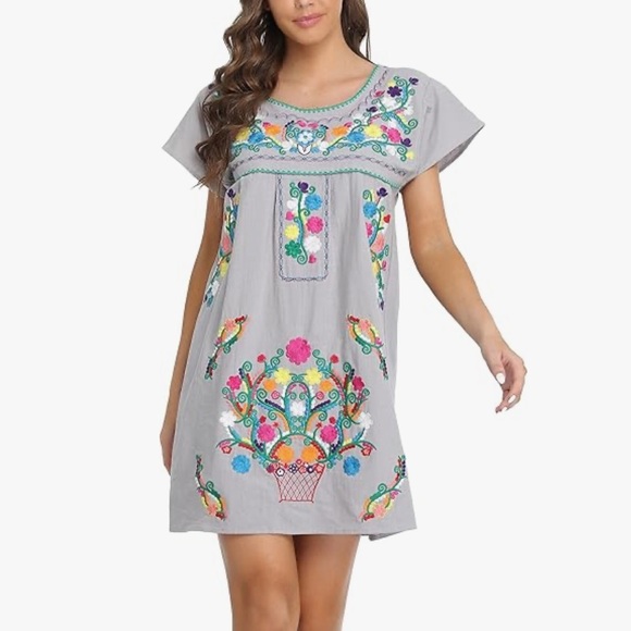 YZXDORWJ Dresses & Skirts - YZXDORWJ Women Mexican Embroidered Floral Dress Short Sleeve Size 2XL